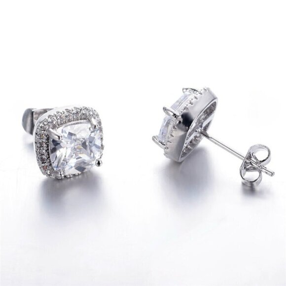 NWT Stud Earrings S925 Sterling Silver Clear Square Cushion Cut CZ Halo Setting - Picture 5 of 10